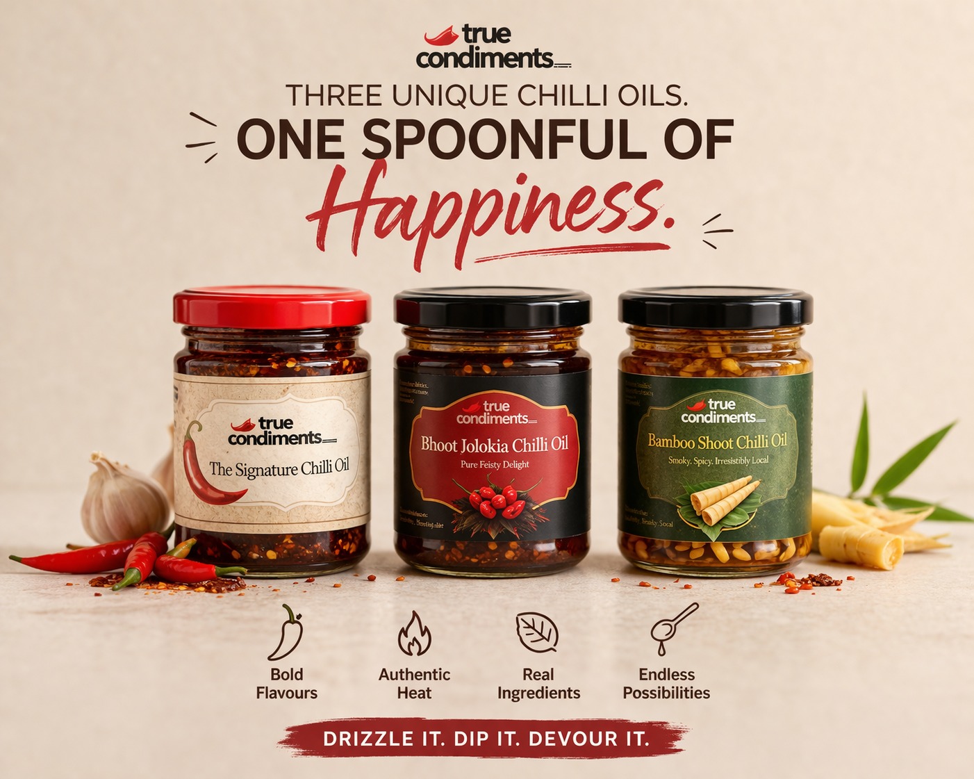 Three Unique Chilli Oils. One Spoonful Of Happiness — all three jars lined up with feature icons