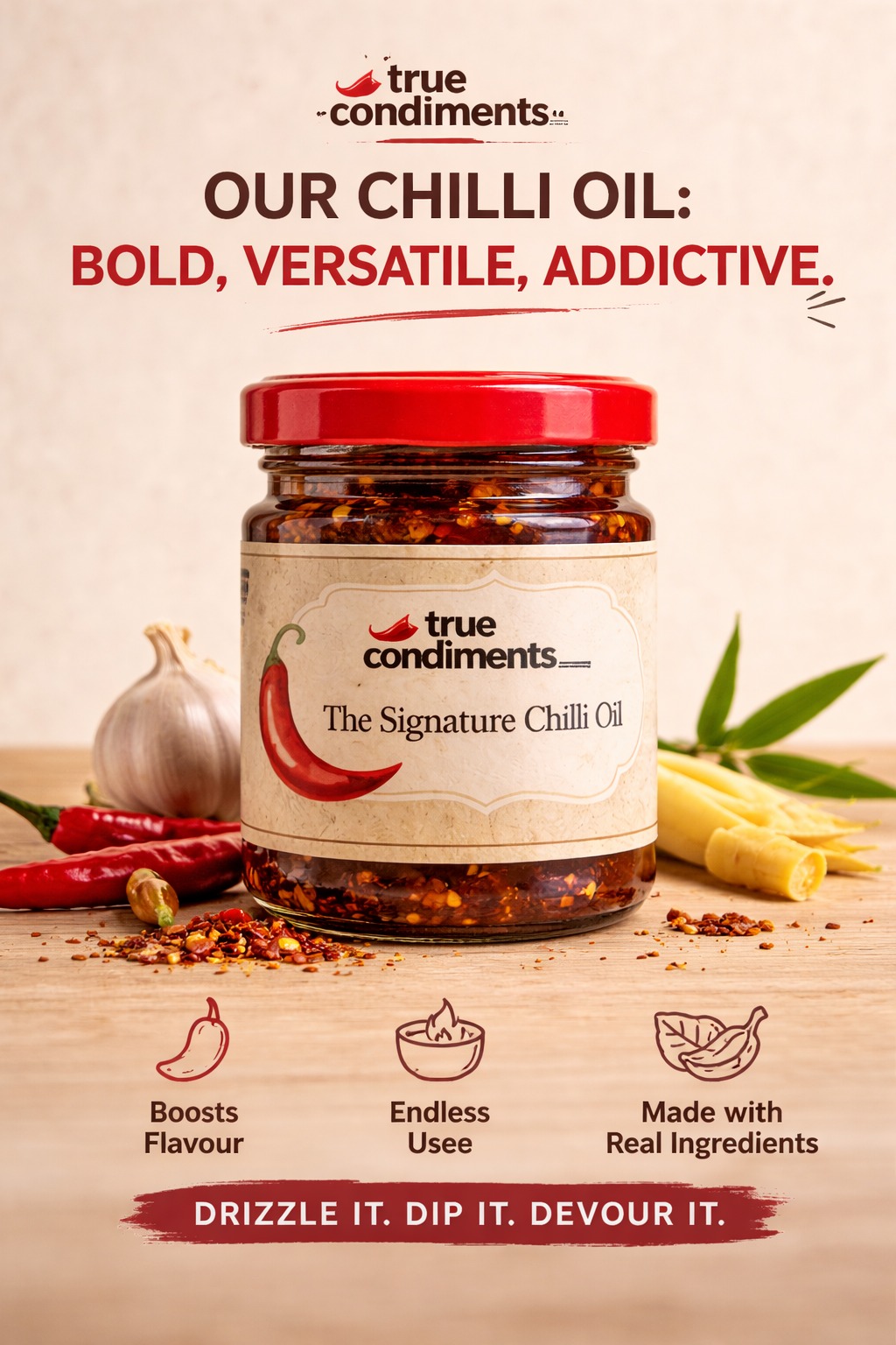 Our Chilli Oil: Bold, Versatile, Addictive — The Signature Chilli Oil with garlic, chillies, and bamboo shoots