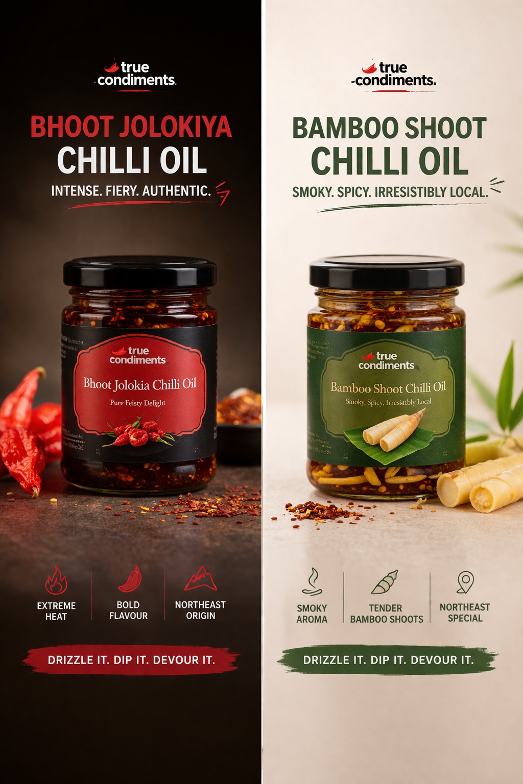 Bhoot Jolokia Chilli Oil and Bamboo Shoot Chilli Oil side by side