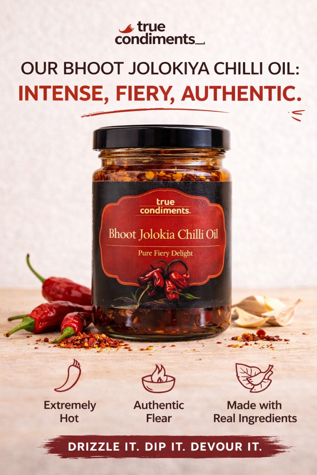 Our Bhoot Jolokiya Chilli Oil: Intense, Fiery, Authentic — jar with fresh chillies and garlic